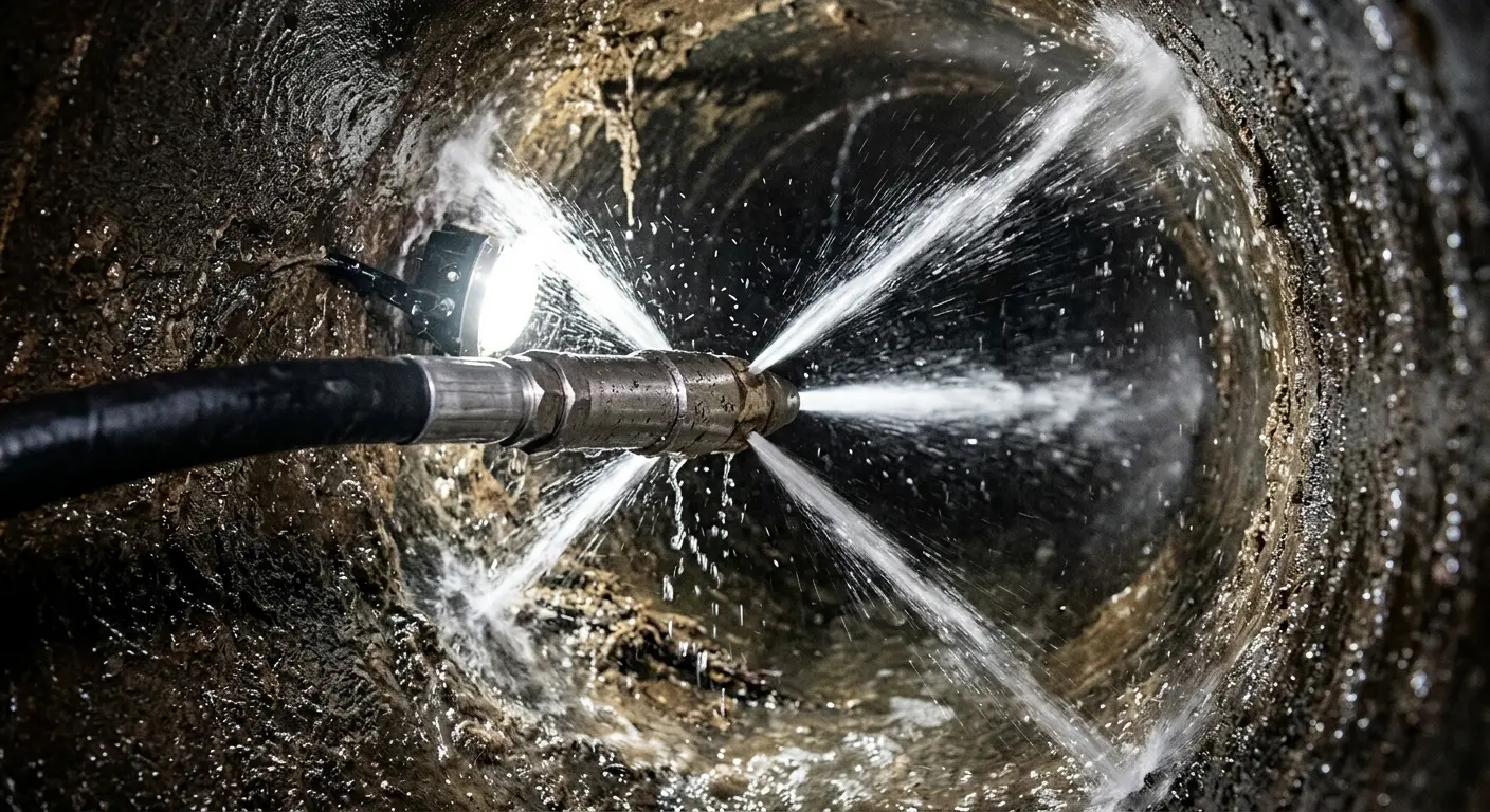 High-pressure hydro jetting nozzle cleaning sewer pipe for Emergency Drain Service in Springfield