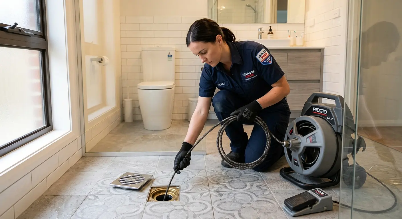 Technician clearing a bathroom floor drain for Sewer Line Installation in Springfield